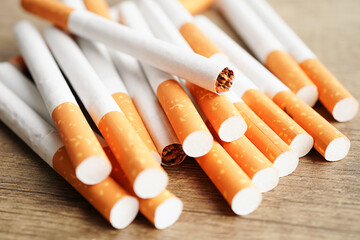 Cigarette, roll tobacco in paper with filter tube, No smoking concept.