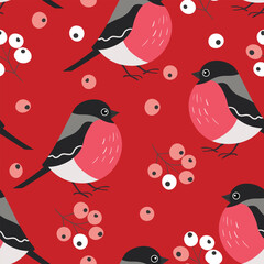 Seamless pattern with funny colorful bullfinch birds, flowers and berries. Color flat vector illustration with little cartoon bird. Cute characters. Design for invitation, card, textile, fabric