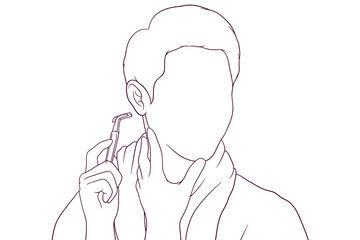 Young man shaving with razor blade hand drawn vector illustration