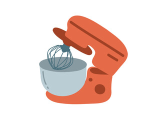 An orange kitchen mixer with a whisk in it. Flat vector illustration