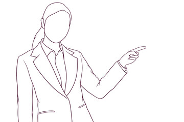 Businesswoman pointing to a sign promoting a sale or discount hand drawn vector illustration