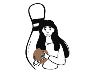 A girl with a bowling ball in her hands.  Doodle vector illustration