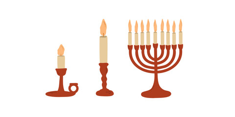 Set with a candlestick with a candle and a Hanukkah menorah. Flat vector illustration