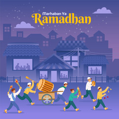 Marhaban Ya Ramadhan, translation: Welcome Ramadan with Betawi tradition called Ngarak Bedug (parading a big wooden drum to wake up neighbors for sahur(predawn meals) during the Ramadhan fasting month