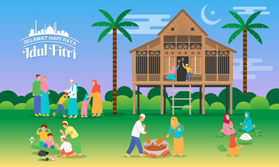 Selamat hari raya Idul Fitri is another language of happy eid mubarak in Indonesian. Greeting card with variant activity of Muslim peoples celebrating Eid al-Fitr in the villageAdha 21