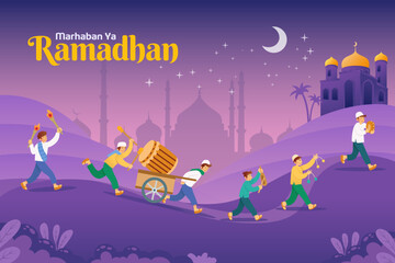 Marhaban Ya Ramadhan, translation: Welcome Ramadan with Betawi tradition called Ngarak Bedug (parading a big wooden drum to wake up neighbors for sahur(predawn meals) during the Ramadhan fasting month