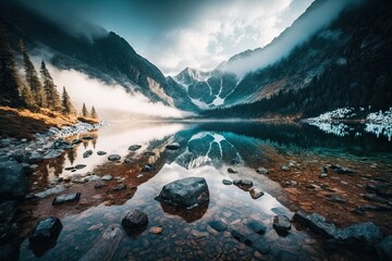Mountain lake covered in fog. Imaginative and vibrant natural scenery Conceptual image of nature. Morskie Oko in Poland's Tatry. Generative AI - obrazy, fototapety, plakaty