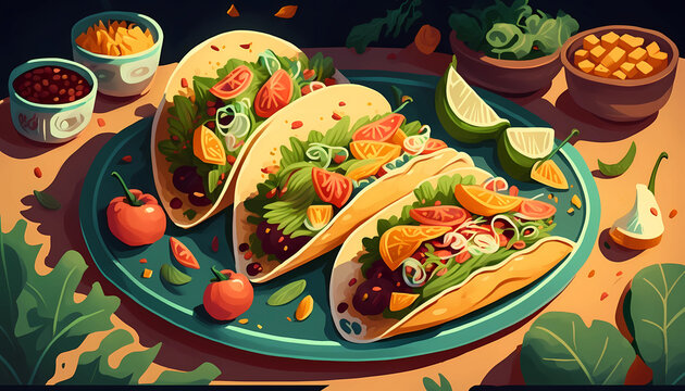 A plate of juicy and flavorful tacos. digital art illustration. generative AI.