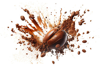 a dynamic coffee bean explosion splash on transparent background