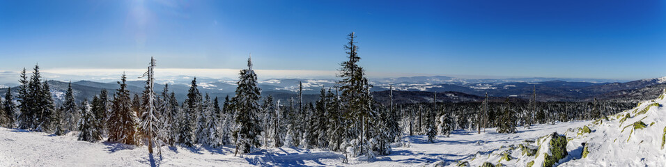 Obraz premium Winter landscape on the top of the Lusen mountain in the Bavarian Forest, Bavaria, Germany.