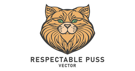 Vector logo, respectable fluffy thick muzzle of a cute puss. Portrait, head of a red cat. Emblem, icon or sticker. Isolated background.