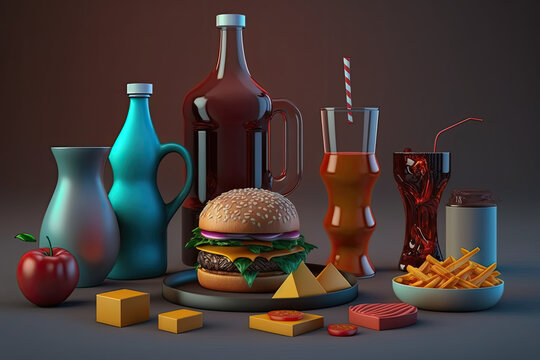 3d render , Fast food set hamburger , fries potatoes, pizza , soft drink, generative AI