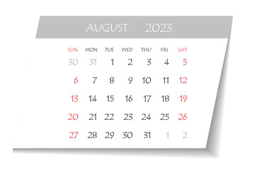 August 2023 calendar planner. Corporate week. Template layout, 12 months yearly, white background. Simple design for business brochure, flyer, print media, advertisement. Week starts from Monday