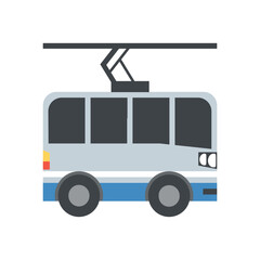 Trolleybus vector flat icon. Isolated bus that uses overhead electrical wires for power sign design.