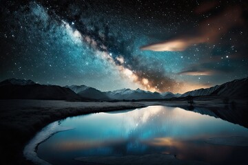 Landscape with Milky way galaxy. Night sky with stars. Generative AI