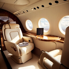 Interior of Luxurious Private Jet with Plush Leather Seats - 3D Rendering