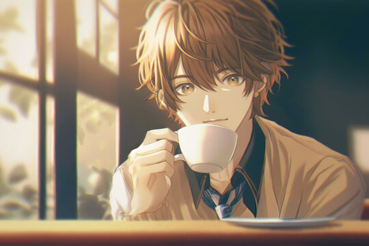 Handsome young man drinking coffee in a cafe, Generative AI