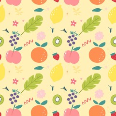 Cartoon fruits and leaf on Yellow background. Hand drawn style Seamless pattern. for tablecloth, dress, skirt, napkin, or other. 
