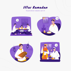 Iftar Ramadan illustration labels set