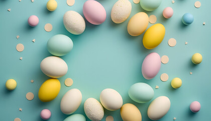 Top down view of easter eggs on blue pastel background with copy space created using generative ai technology 