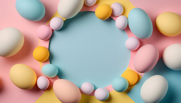 Top view photo of easter party white pink blue and yellow eggs on isolated pastel blue background with copyspace in the middle created with Generative AI technology