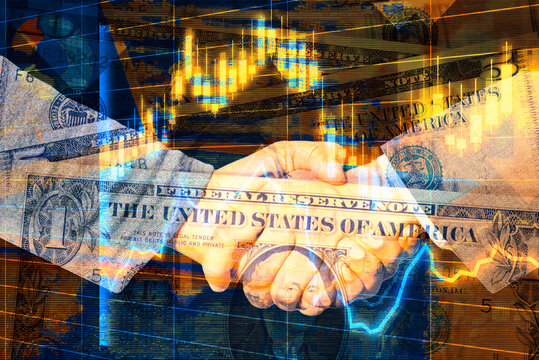 Dollar Geldscheine, Börse und ein Händedruck zwischen zwei Partnern © studio v-zwoelf