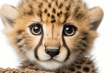 a close up of a three month old cheetah cub gazing forward, isolated on white. Generative AI - obrazy, fototapety, plakaty