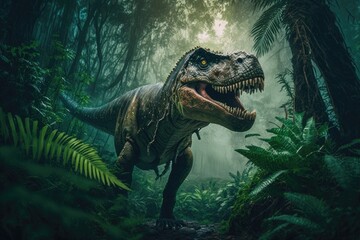 Tyrannosaurus Rex, a dinosaur, in a rainforest. Generative AI