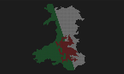 Fototapeta na wymiar Wales map flag with grunge texture in mosaic dot style. Abstract pixel vector illustration of a country map with halftone effect for infographic. 
