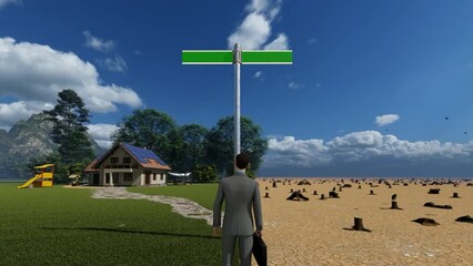 3D animation of businessman trying to make an environmental decision with blank sign