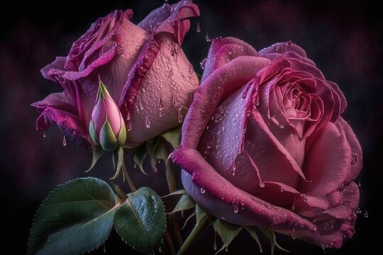 Pink roses that have just been watered in macro photography Viva Magenta, the year's color, was used to tone the image. Generative AI