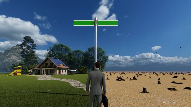 3D animation of businessman trying to make an environmental decision with blank sign