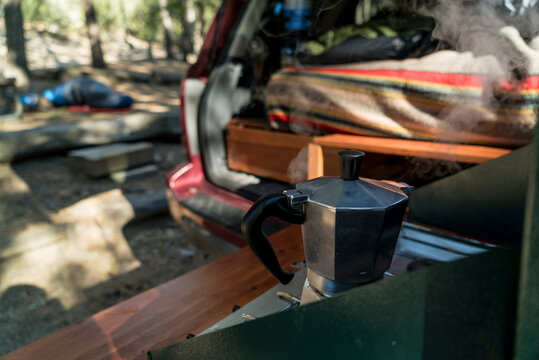 Coffee maker on camping stove at campsite