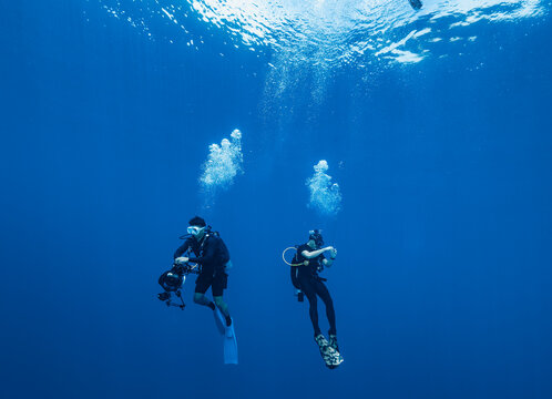divers floating at Banda Sea during mandatory safety stop