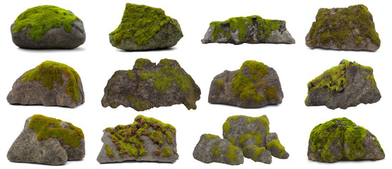 mossy rocks, collection of overgrown stones isolated on white background, generative ai - 580947792