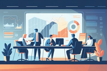 Business partnership concept with business people. Office desk with financial analytics. Business meeting in the conference hall. Presentation and discussion of the new startup project, AI generated