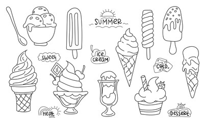 A set of hand-drawn doodles with various types of ice cream. Waffle cone, cups, on a stick, ice cream, in glass. A sketch of a vector illustration in the style of a cafe menu, postcards, decorations