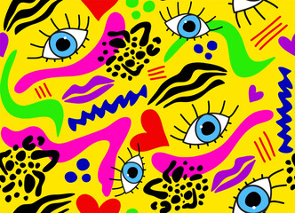 Abstract Hand Drawing Retro Eyes Lips Hearts Waves Leopard Zebra Stripes Geometric Shapes Seamless Vector Pattern Isolated Background