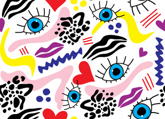 Obraz premium Abstract Hand Drawing Retro Eyes Lips Hearts Waves Leopard Zebra Stripes Geometric Shapes Seamless Vector Pattern Isolated Background