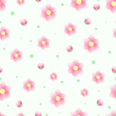 Vector pattern with pink flowers and leaves on a green background. Beautiful illustration with repeating pattern on a light background, paper for packaging gifts, drawing for print, spring background