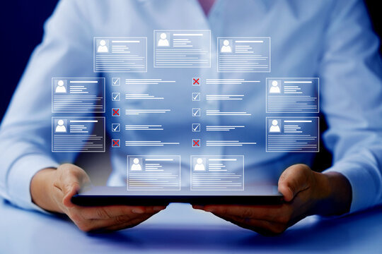  Human resources and management concept. Employee must complete the online survey form. Marked checklist on a clipboard.