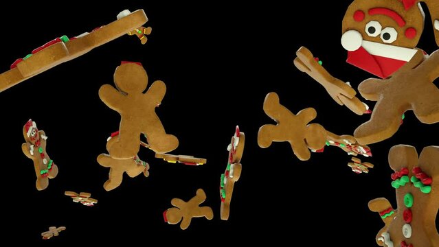 Christmas gingerbread cookies flying in slow motion, Alpha Channel
