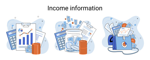 Income information vector set, business profitability indicator, entrepreneurial activity and accounting. Registration of claim form document, providing personal information, financial report for tax