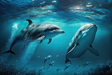 Fototapeta premium Dolphins swimming underwater in the sea. Generative AI