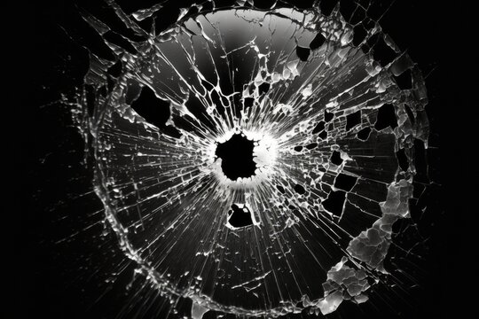 Background of shattered glass with bullet hole. On a background of black, isolated. Generative AI