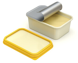 Open colored margarine box mockup with empty surface and lid on white background - 3D illustration - obrazy, fototapety, plakaty