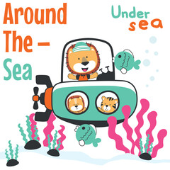 Diving with funny tiger driving submarine. Creative vector childish background for fabric, textile, nursery wallpaper, poster, card, brochure. vector illustration background.