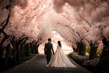 Cherry Blossoms Full Bloom Spring Wedding Arch Arches Reception Bride Groom Background Image