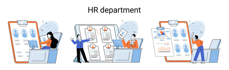 HR department, headhunter job, selection interview scenes set. Employer selects applicant candidates for work or study. Specialist engaged in selection, adaptation, dismissal, development of personnel