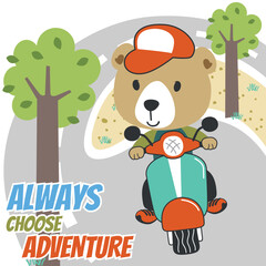 Vector illustration of cute bear riding Scooter. Can be used for t-shirt printing, children wear fashion designs, baby shower invitation cards and other decoration.
